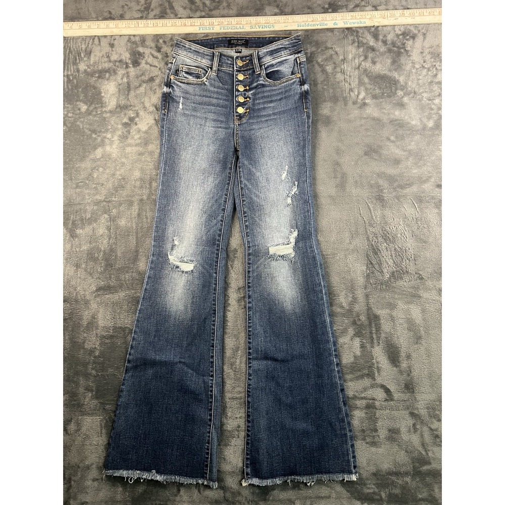 Judy Blue Flare Jeans 3 26 Mid Rise Button Fly Distressed Frayed Hem